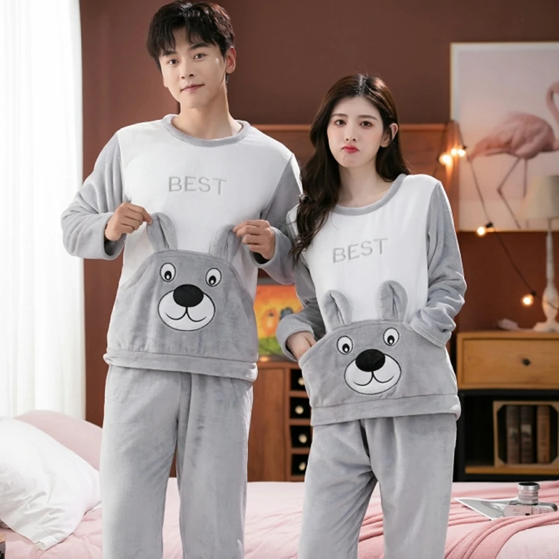 Couple Thick Warm Flannel Pajama Sets For Men Winter Long Sleeve Cute Cartoon Coral Velvet Sleepwear Women Homewear Home Clothes