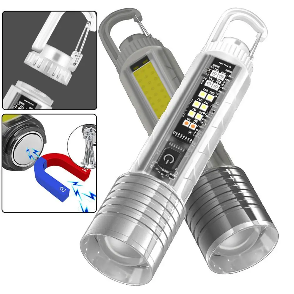 

MINI Multi-function LED Flashlight Type-C Charding Lamp Strong Magnet Pen Clip Keychain Lantern Zoom Optional Camping Lights