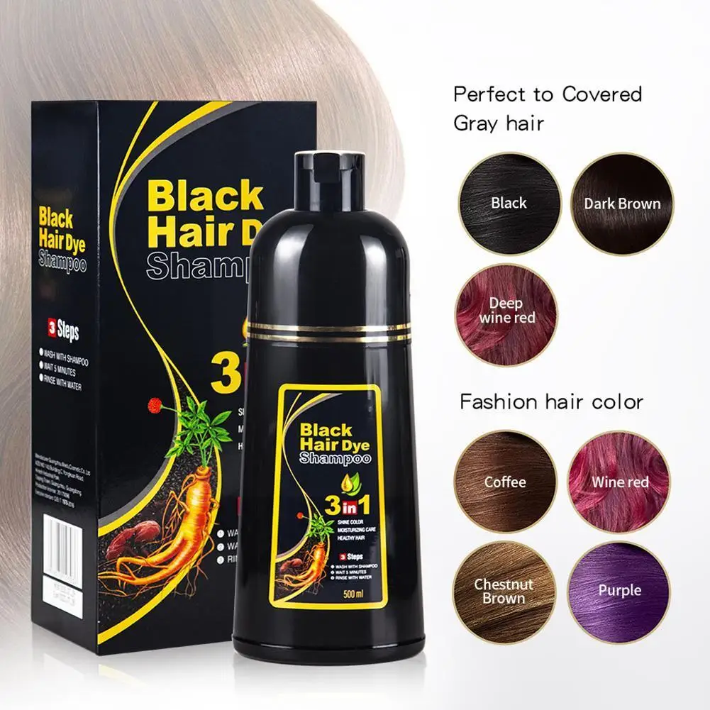 

500ml Organic Natural Mild Hair Dye Black Colorful Hair Color Dye Cream Shampoo Ginseng Extract For Cover Gray White Hair P6W8