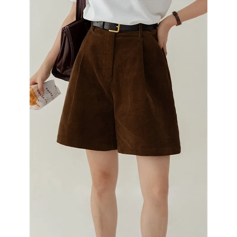 

ZHISILAO New Corduroy Wide Leg Shorts Women Vintage Loose High Waist A-line Shorts With Belt Autumn Winter 2022