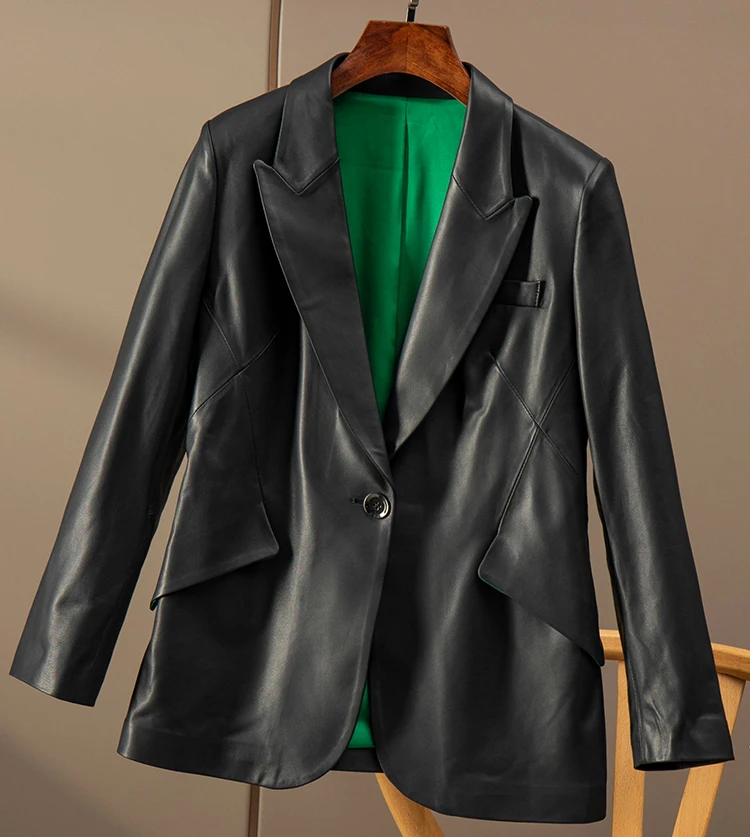 Shuchan Sheepskin Genuine Leather Jacket  Single Button  High Street  Spliced  Autumn/Winter  Turn-down Collar  Blazer Femme