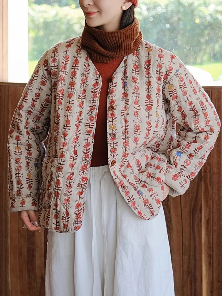 Оверсайз осенне-зимнее стеганое хлопковое пальто с v-образным вырезом женские