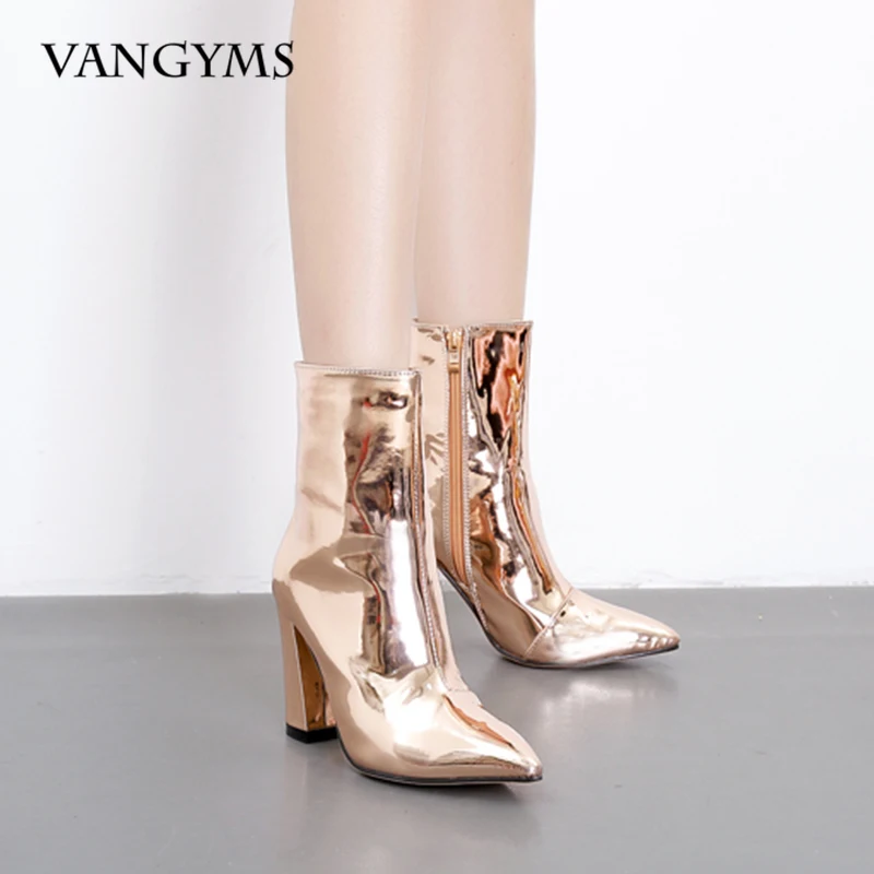 

Ladies Patent Leather High Heels Pointed Toe Chunky Heel Zipper Knight Boots Autumn and Winter Women's Shoes Bota De Vaqueiro