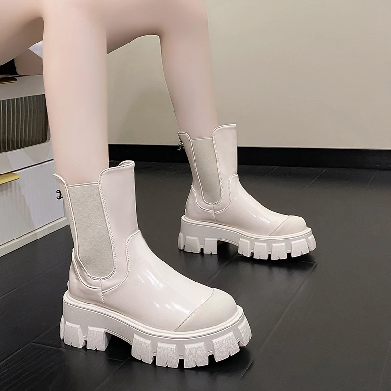 

Новые зимние женские ботинки челси, Дизайнерские повседневные ботильоны на толстой подошве, уличная мотоциклетная обувь с высоким берцем и...