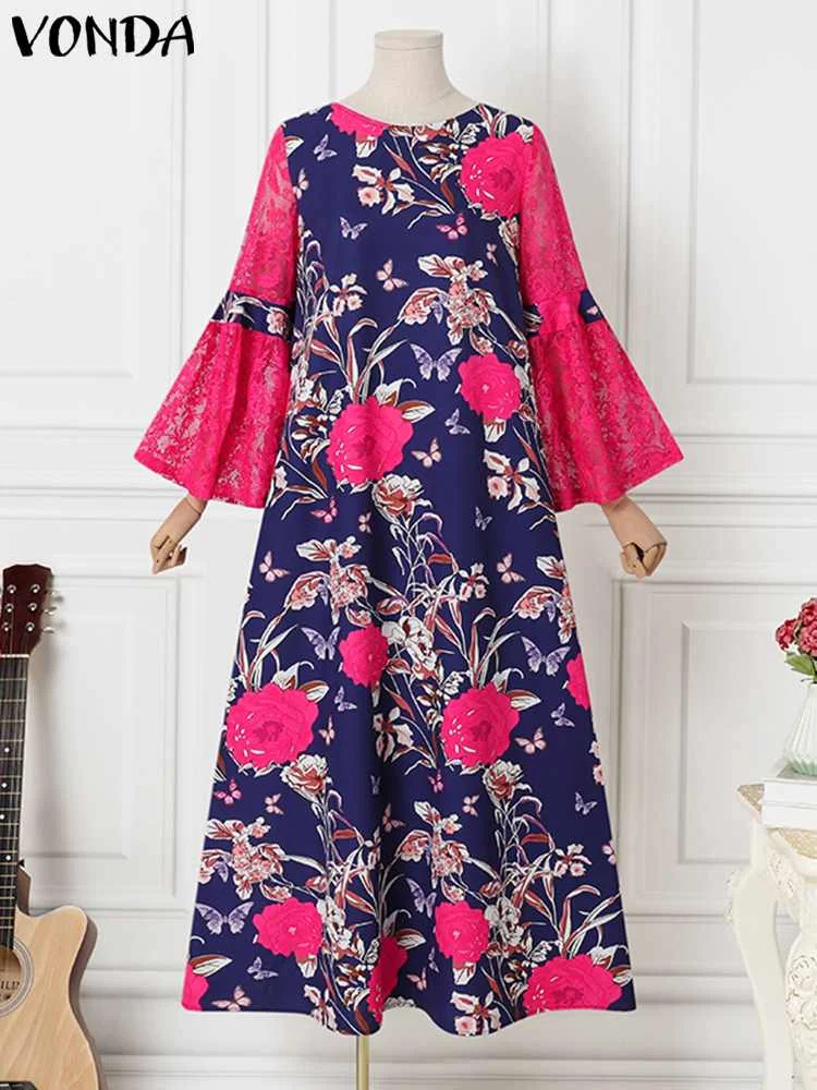 VONDA 2023 летнее женское кружевное Макси-платье с длинным рукавом и цветочным