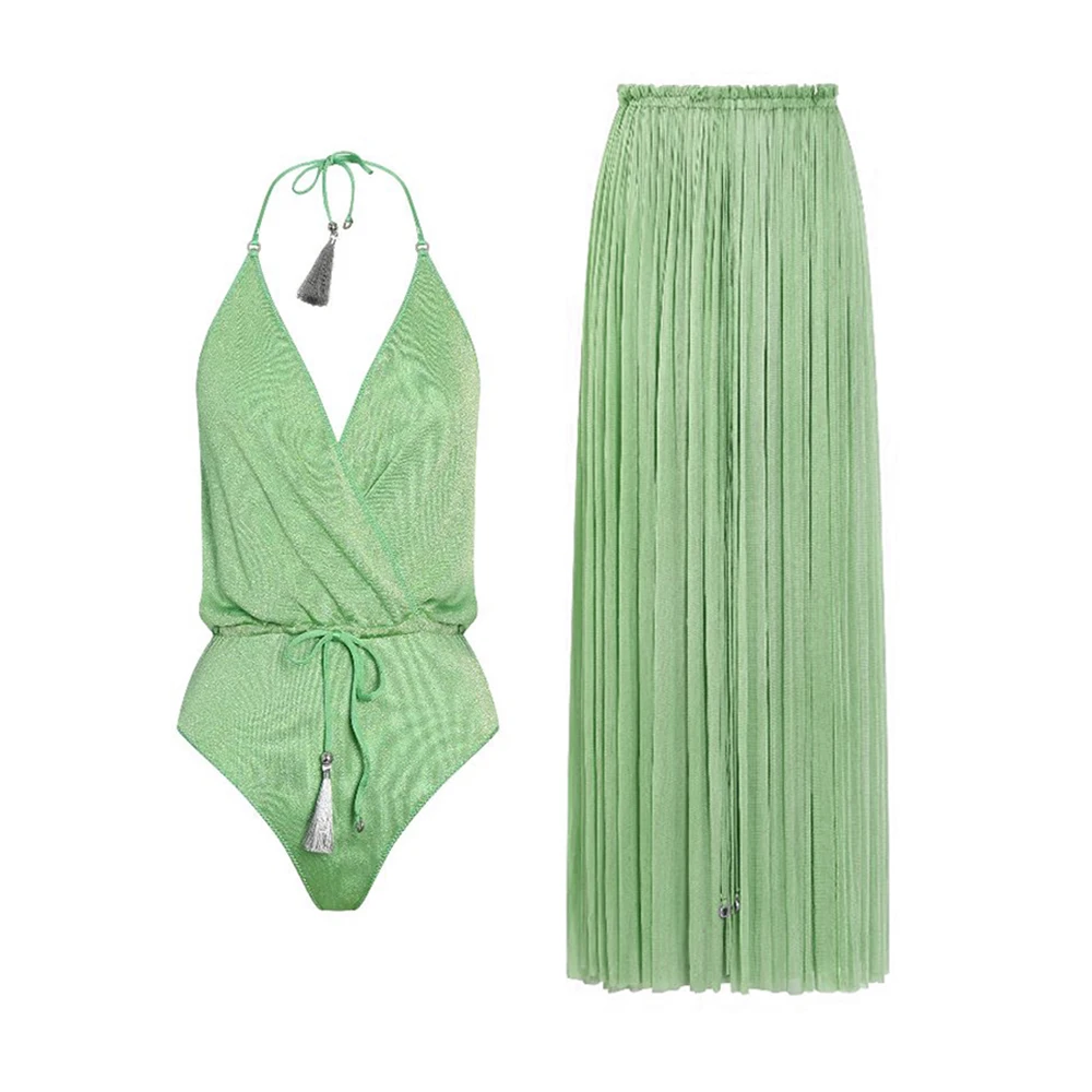 

Однотонный зеленый купальник с рюшами и лямкой на шее, женский купальник 2023 из двух частей, комплект бикини с пуш-ап, купальник с низкой талией, монокини, купальные костюмы
