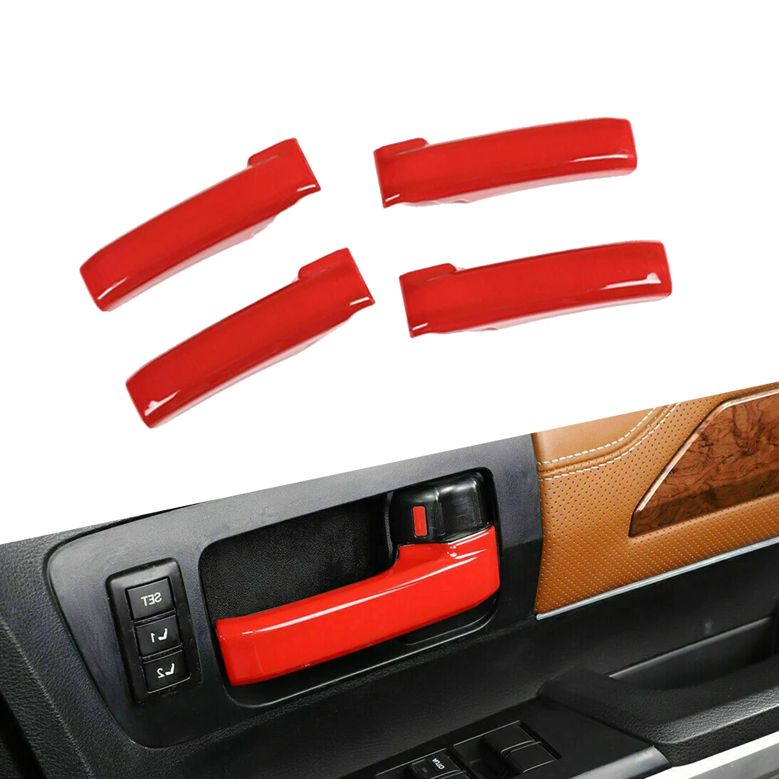 

Автомобильный Интерьер Передняя и задняя дверная ручка панель отделка крышка Рамка комплект подходит для Toyota Tundra 2014-2016 2017 2018 2019 2020 2021 красны...