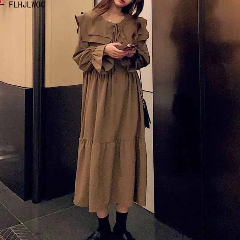 

M-4XL Chic Korea Japan 2023 Women Temperament Retro Vintage Long French Design Loose Cute Bow Tie Shirt Dress Feminines Vestidos