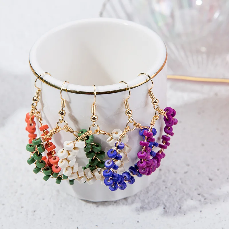 

Rice Bead Earrings Hand Beaded Crushed stone Simplicity circle Exaggeration Bohemia geometry alloy ma'am Pendant Earrings