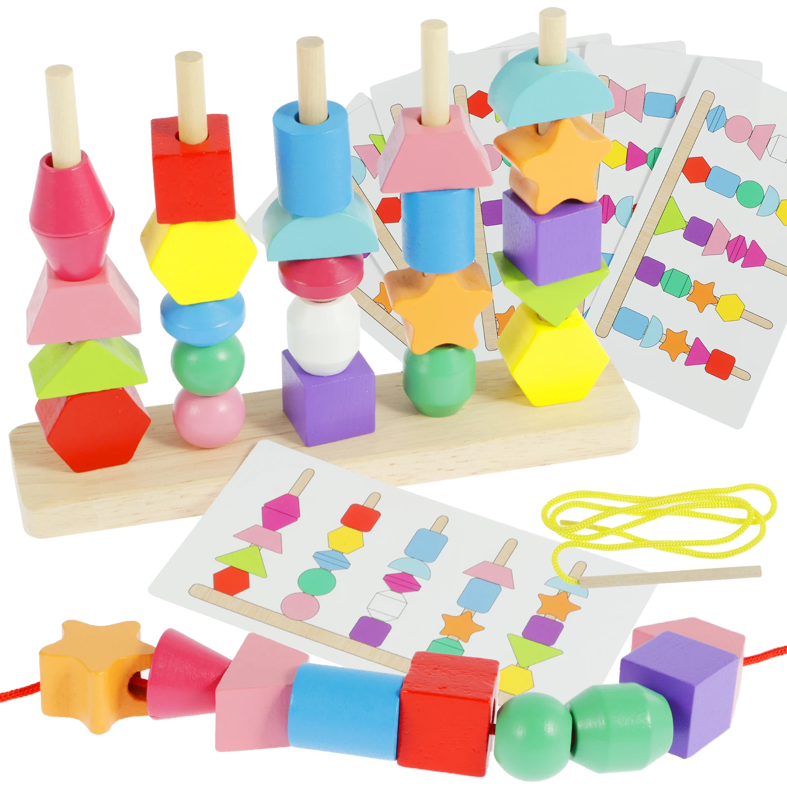 

Wooden Beads Sequencing Toy Montessori Wooden Stacking Toys Wooden Shape Sorter Building Blocks 8 Double-sided Cards Educational