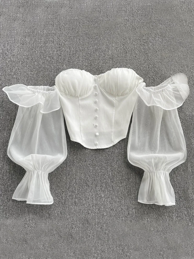 

White Black Off Shoulder Crop Top for Women Elegant Padded Chiffon Patchwork Long Sleeve Ruffles Blouse Slim Summer Chic Blouse