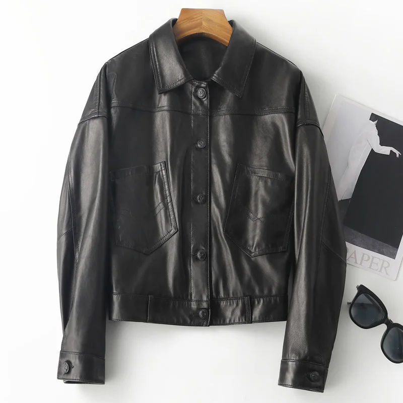 Women Genuine Leather Jackets Solid Simple Single-Breasted Crop Biker Motorcycle Leather Coats Shirt Short 2022 Autumn CL4025