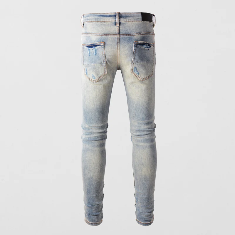 High Street Fashion Men Jeans Retro Blue Elastic Stretch Skinny Ripped Jeans Men Red Patched Designer Hip Hop Brand Pants Hombre