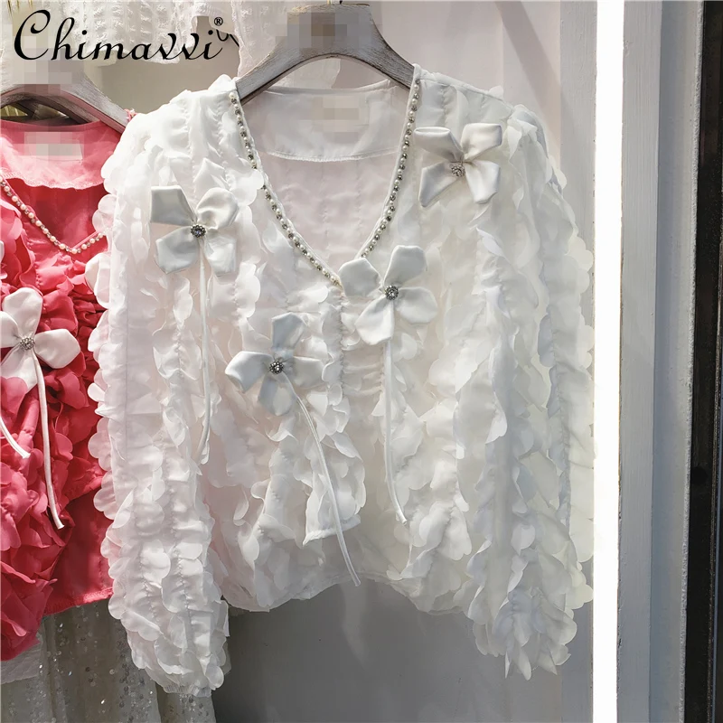

Sweet Fairy Ruffled Shirt Women's Fashion Design Heavy Three-Dimensional Flower V-neck Slimming Top 2022 Spring Clothes New