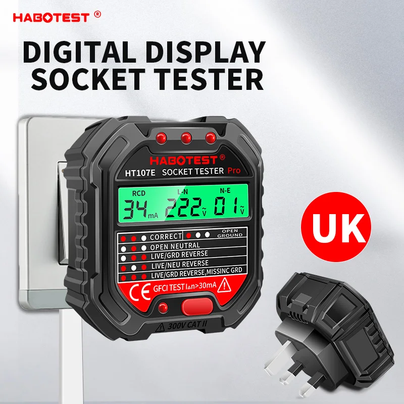 Фото Цифровой тестер розеток HABOTEST HT107 Pro, детектор УЗО 5мА/30мА, проверка заземления и полярности, опционально для вилок EU/US/UK №4