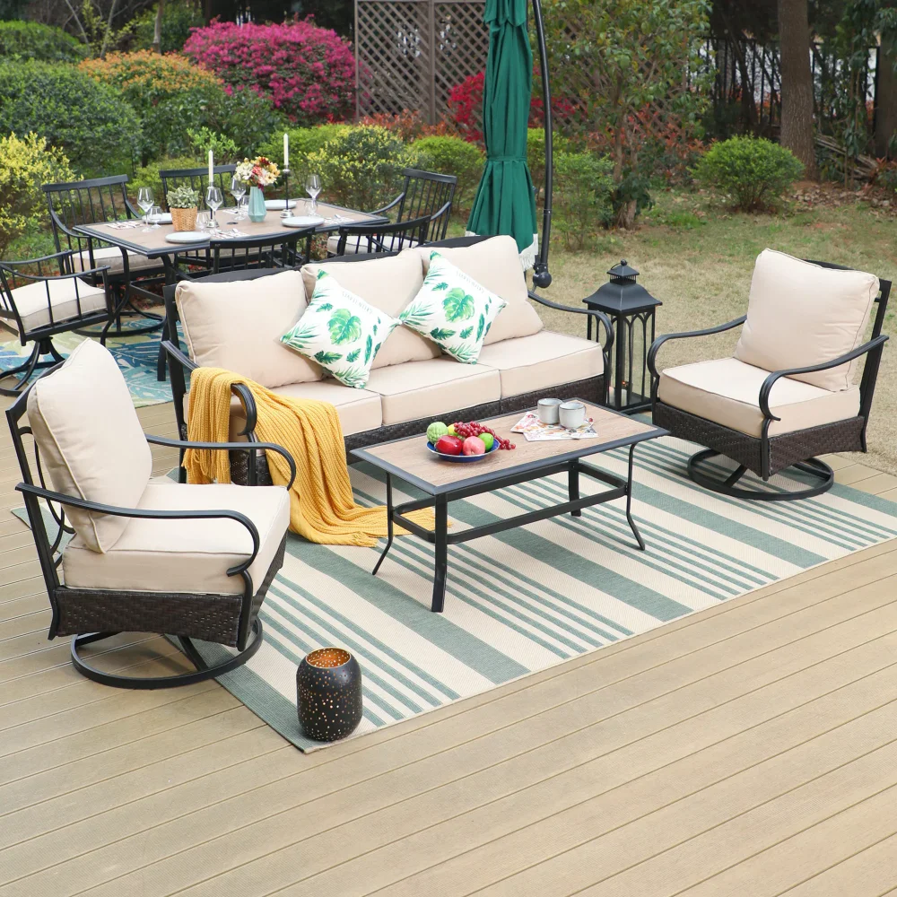 

4-Piece Outdoor Conversation Set with Swivel Chairs&3-Seat Sofa, 5-Person Patio Seating Group with Cushions, Black&Beige