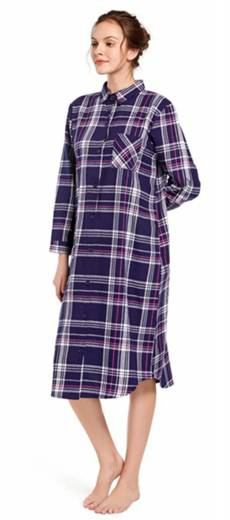 Autumn Women's Plaid Retro Nightwear Polyester Comfortable Slim Fitting Lapel Outwardly Wearable Pajamas Length To The Shank