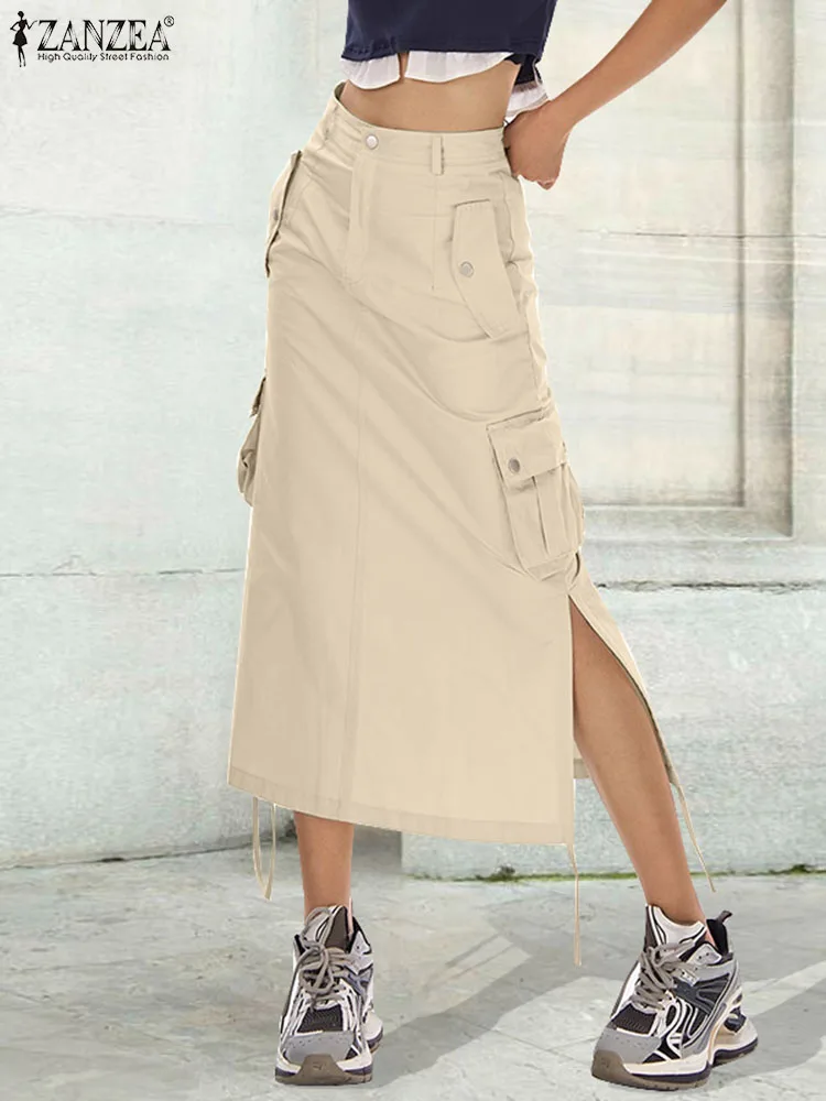 

Юбка ZANZEA Женская трапециевидная в стиле преппи, Повседневная Длинная юбка-карго в винтажном стиле, миди с завышенной талией и карманами, Y2K
