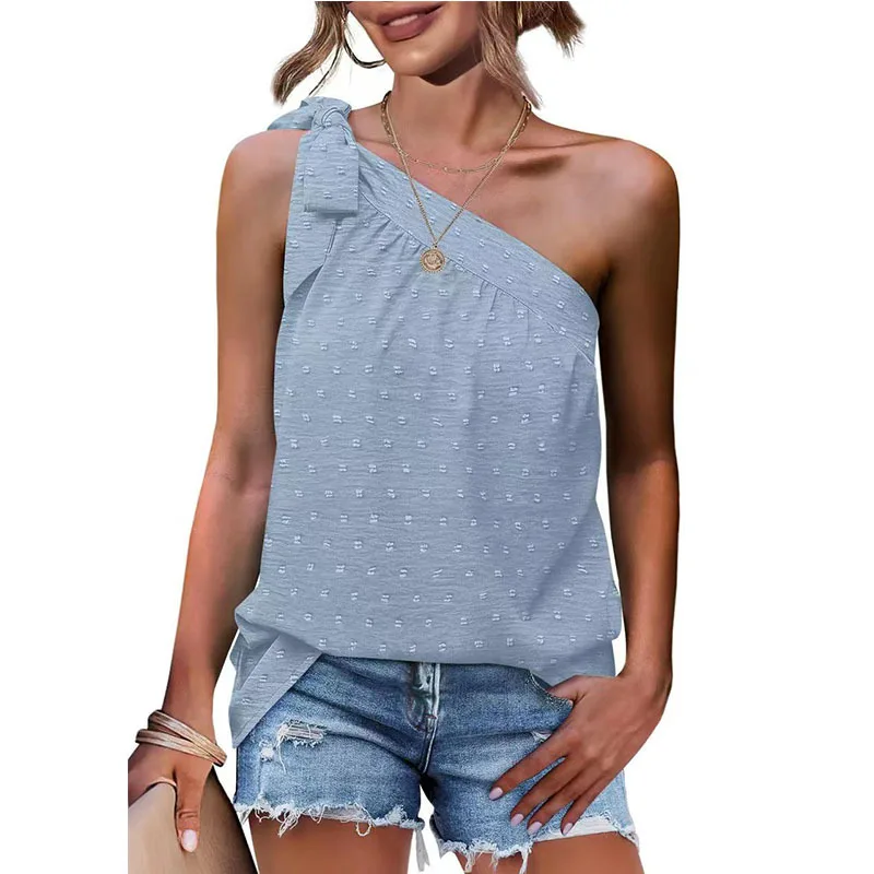 

2023 Summer New Fashion Slanted Shoulder Sweet Bow Tank Top Women Casual Loose Sleeveless Chiffon Vests Blusas Clothes 25192