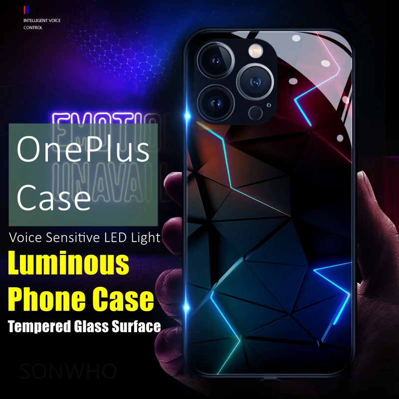 Luxury Geometry LED Light Glowing Luminous Phone Case for OnePlus 6 6T 7 7T 8 8T 9 9T 10 ACE Nord 2 N10 N20 N200 Pro Cover