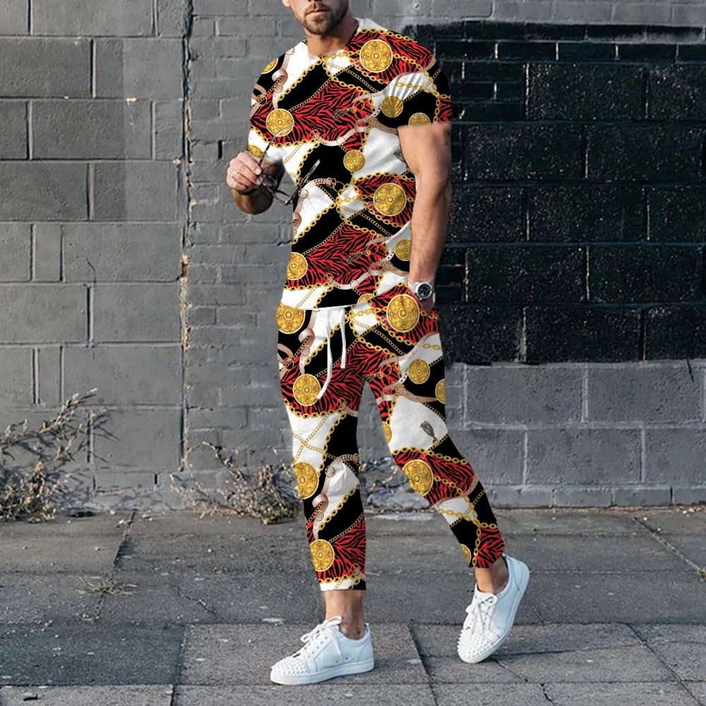 2023 Summer Men's Fashion Printed Short Sleeve Trousers Set Luxury Design Style Chain Printed Suit Plus Size  Casual Tracksuits
