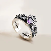 vintage silver color castle heart adjustable ring amethyst crystal engagement wedding ring for womens finger ring jewelry gifts