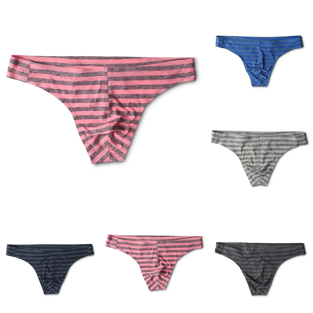 

Men Sexy Underwear Silky Seamless Stripe Elastic T-back Low Rise Underpants Sissy Thong Breathable Briefs Intimates