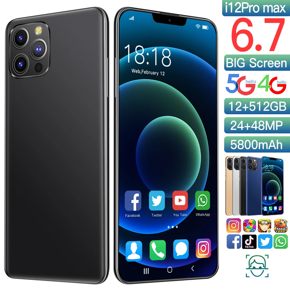 

Global Version I12 Pro Max 6.7inch Android 10.0 Smartphone 5800mAh 12+512GB Support Google Face Unlock Dual SIM 5G Networkphone