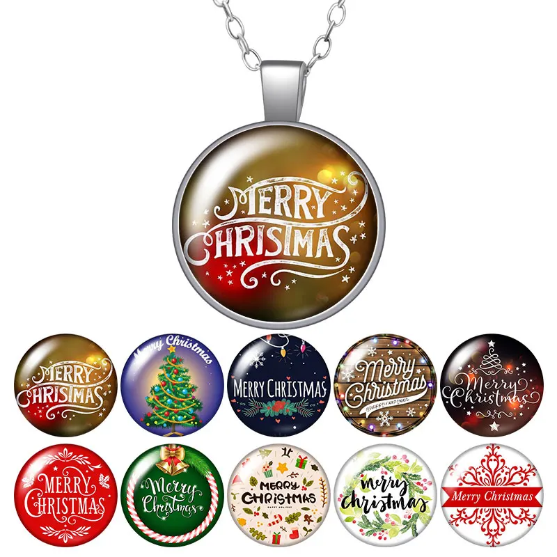 

Merry Christmas Tree decorations Round Pendant Necklace 25mm Glass Cabochon Women Girl Jewelry Party Birthday Gift 50cm