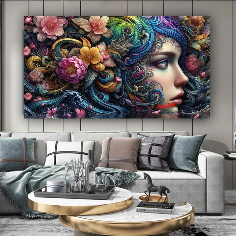 Алмазная картина Таинственные волны Цветы Женщина Полный круглый квадрат 5D Diy