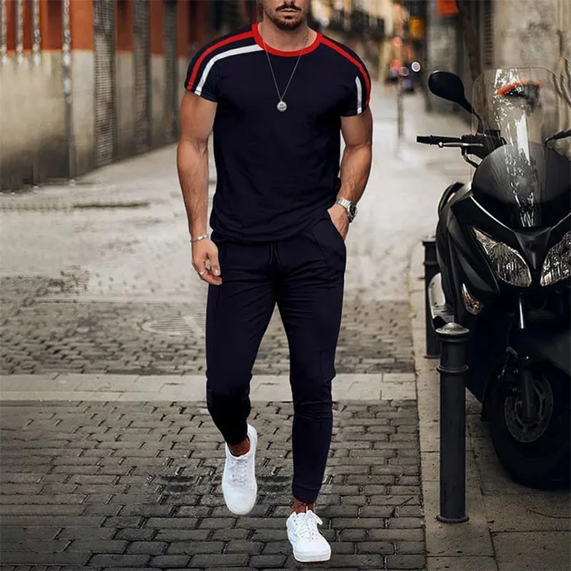 2023 Summer Men's Striped Sportswear Fashion Short Sleeve T-shirt Trousers Street Wear 2-piece Men's Suit Casual Suit Sportswear