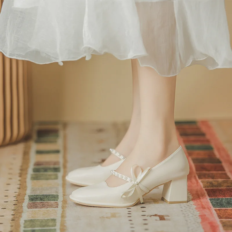 

High Heels Girls Bows Gentle Literary Lady Single Shoes Pearl Word Mary Jane Shoes Shoes for Wedding Women Pumps Shoes Women