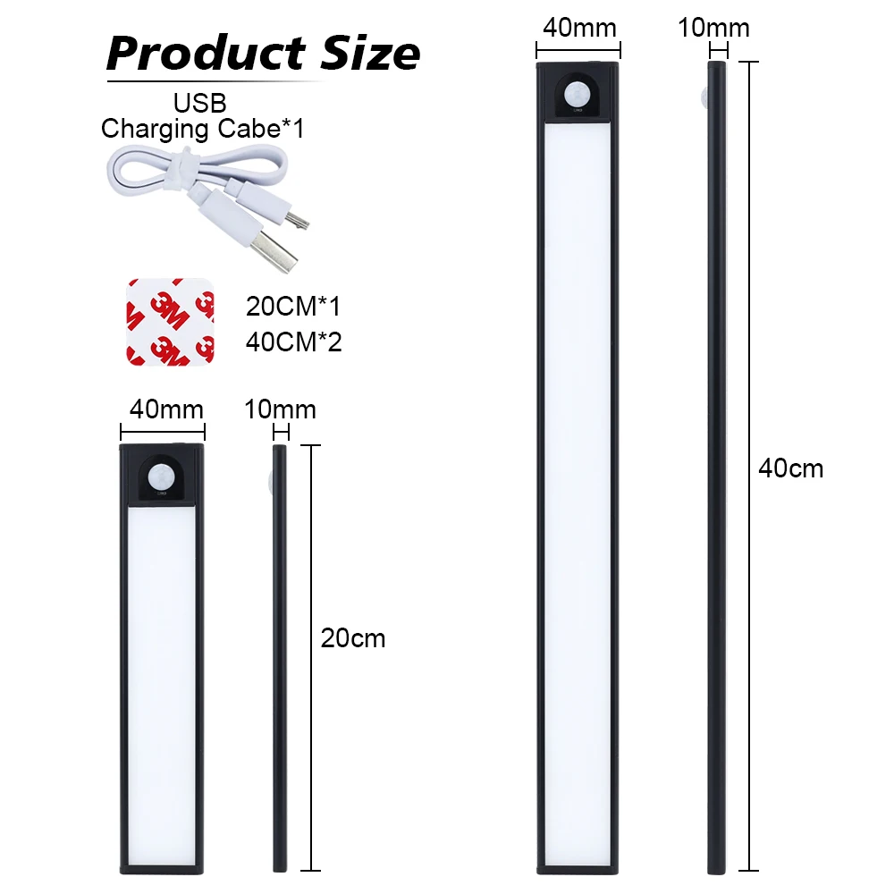 LED Cabinet Light Ultra-Thin Kitchen Lamp USB Rechargeable PIR Motion Sensor 20/40cm Bedroom Closet Wardrobe Night |