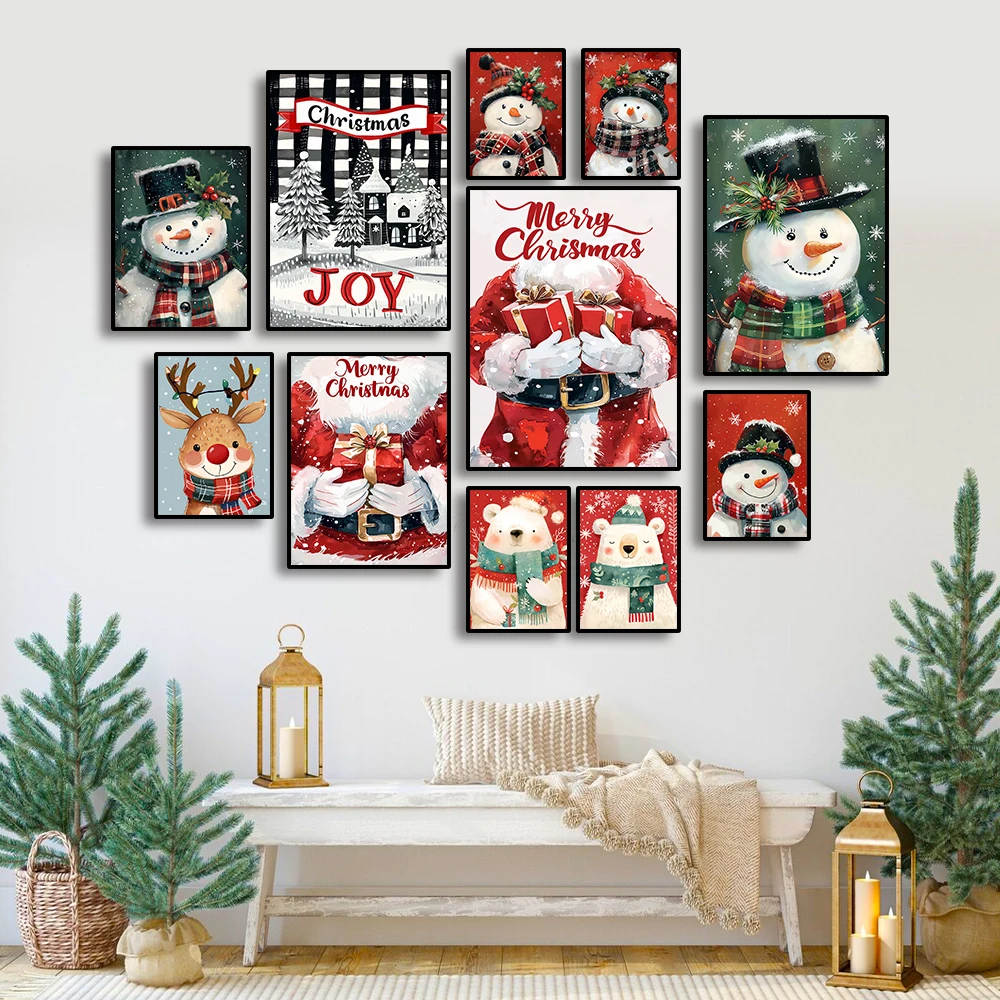 Рождественская Картина На Холсте С Мультяшным Рисунком - Снеговик Олень Медведь