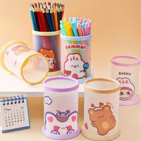 1pc cartoon pen holder frosted plastic round pencil makeup brush storage bucket kawaii desktop organize stationery