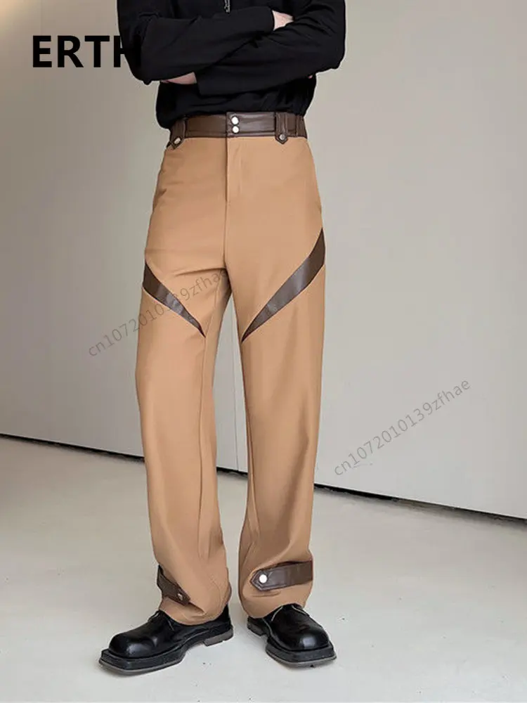 

ERTH Men Pants New Autumn Niche Personalized Design PU Leather Color Contrast 2023 High Street Male Trousers Temperament