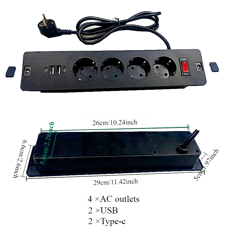 

Настольная встраиваемая розетка EU KR Встроенные настольные розетки для дивана с защитой от перегрузки Удлинительные розетки 2 USB Type-c