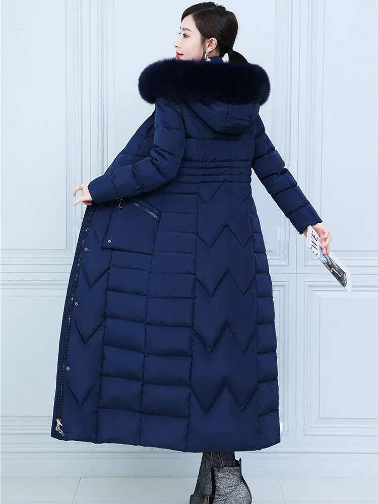 New Women Lengthened Down Jacket Winter Coat Fashion Real Fox Fur Collar Thicken Warm Down Coat Slim Long Hooded Overcoat Female