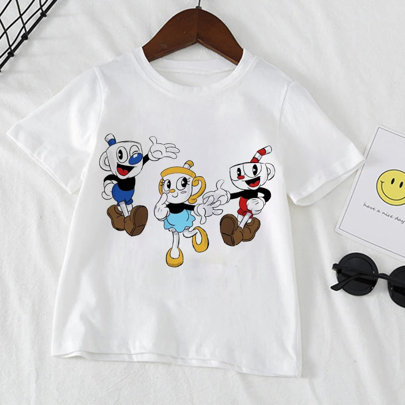 

2022 New Style Kids Cartoon Cuphead Print TShirt Children Dabbing Cuphead Design Summer Tops Boys/Girls Casual New Games T-shirt
