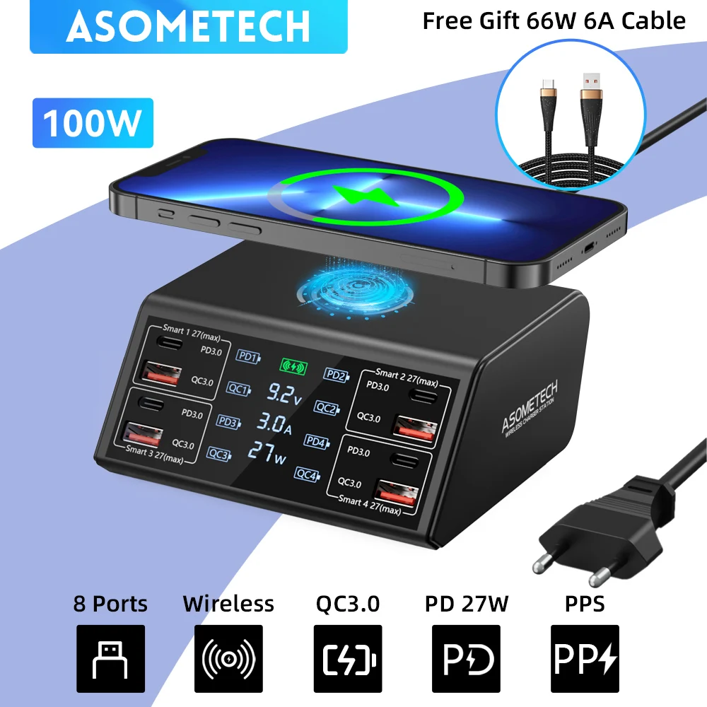 100W зарядная станция с 4 USB порты и 4 USB C порты, QC3.0 PD3.0 PPS зарядное устройство usb, зарядка для телефона iphone 12 13 планшет xiaomi oneplus 9 pro samsung huawei быстрая зарядка с 15W беспроводная зарядка