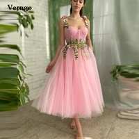 verngo elegant pink tulle a line prom dresse 3d flowers sweetheart formal graduation party prom gowns for teens robe de soiree