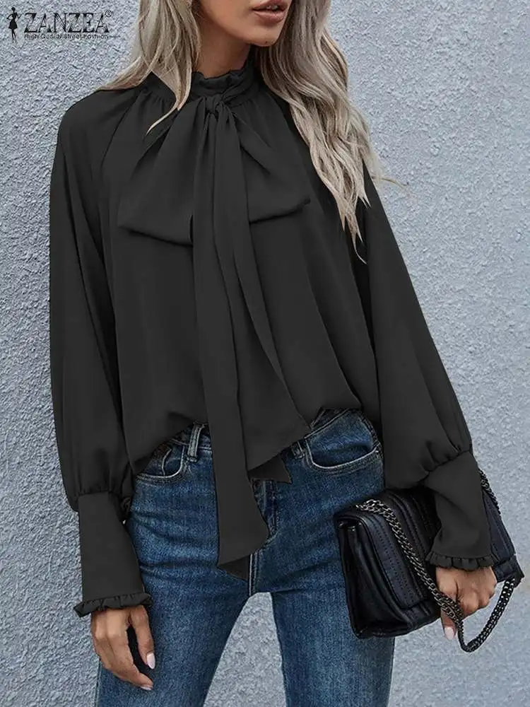 

ZANZEA Vintage High Collar Tops Fashion Women Bowtie Ruffled Blouse Holiday Long Sleeve Autumn Shirts Casual Loose Commuting Top