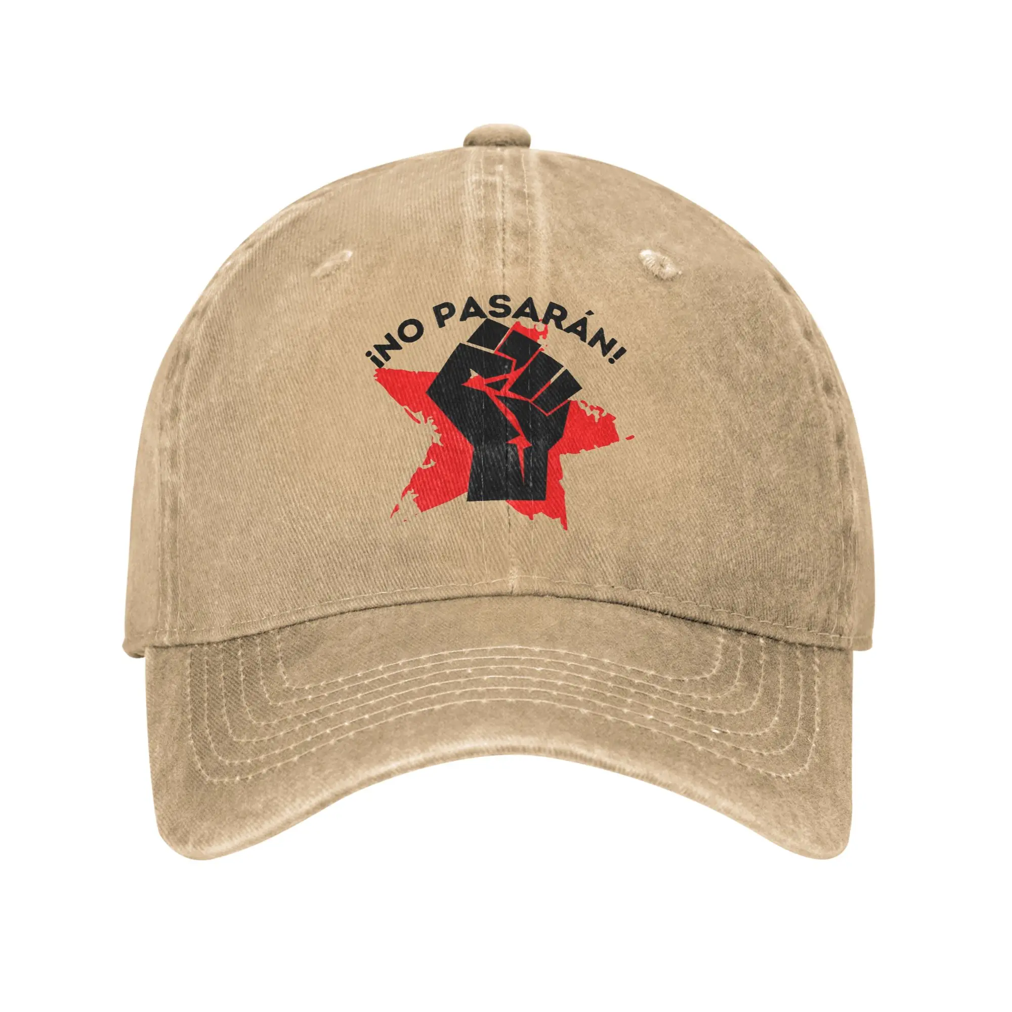 Фото Бейсболки унисекс с антифашистским слоганом No Pasaran, состаренные, с эффектом потертости, испанский дизайн, для активного отдыха и тренировок, регулируемые №1