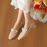 hot women beads bow knot mary janes woman flats moccasins square toe thick heels loafers pearl japanned leather lolita shoes