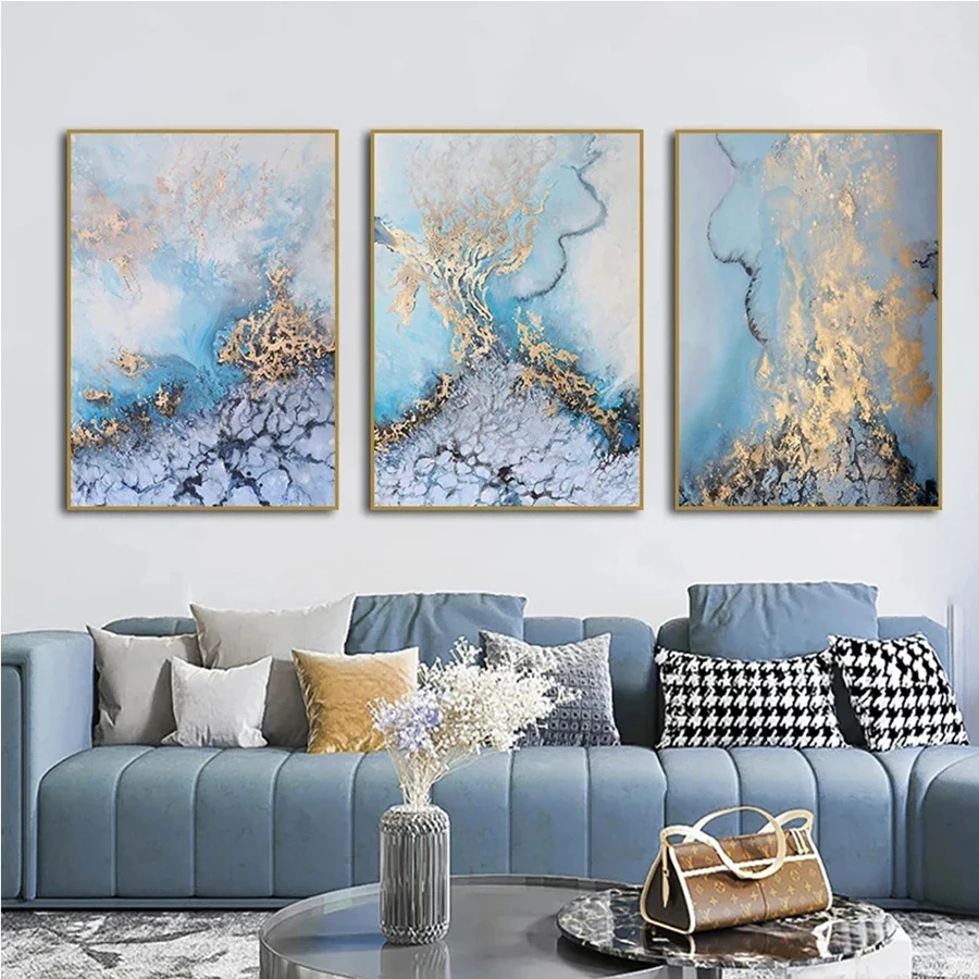 

Роскошная 5D картина из золотой фольги Современная абстракция синяя River, полный набор для алмазной вышивки