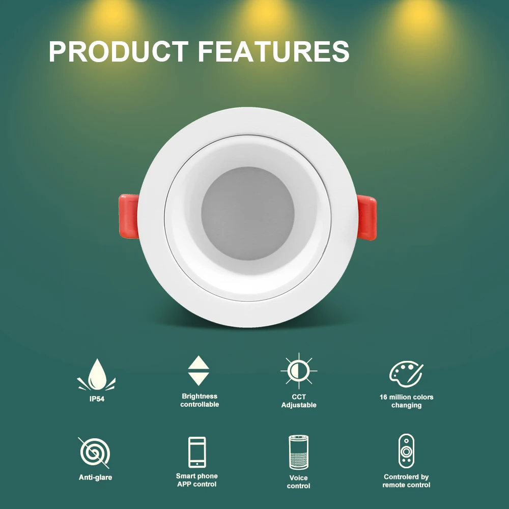 RGBCCT LED Downlight Pro 6W/12W Zigbee 3.0 Recessed Downlight Waterproof Rating IP54 Work With Tuya APP/Voice/RF Remote Control