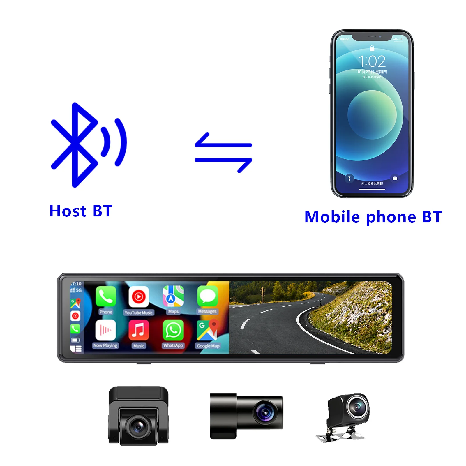 Видеорегистратор ADINKAM с тремя объективами для Carplay беспроводной сотовый телефон