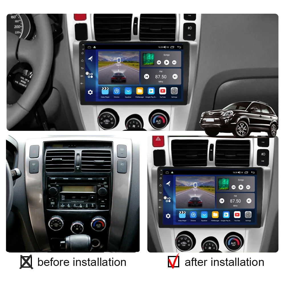 Автомобильный радио стерео с экраном QLED 10 дюймов на Android 12 для Hyundai Tucson 2005 2006-2011 с мультимедиа видеоплеером, автомобильным аудио GPS и Carplay.