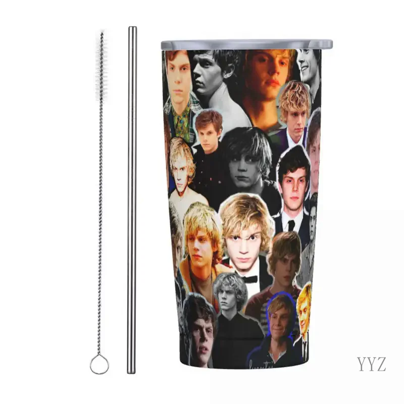 Изолированный стакан Evan Peters Actor с соломенной крышкой термокружка из нержавеющей