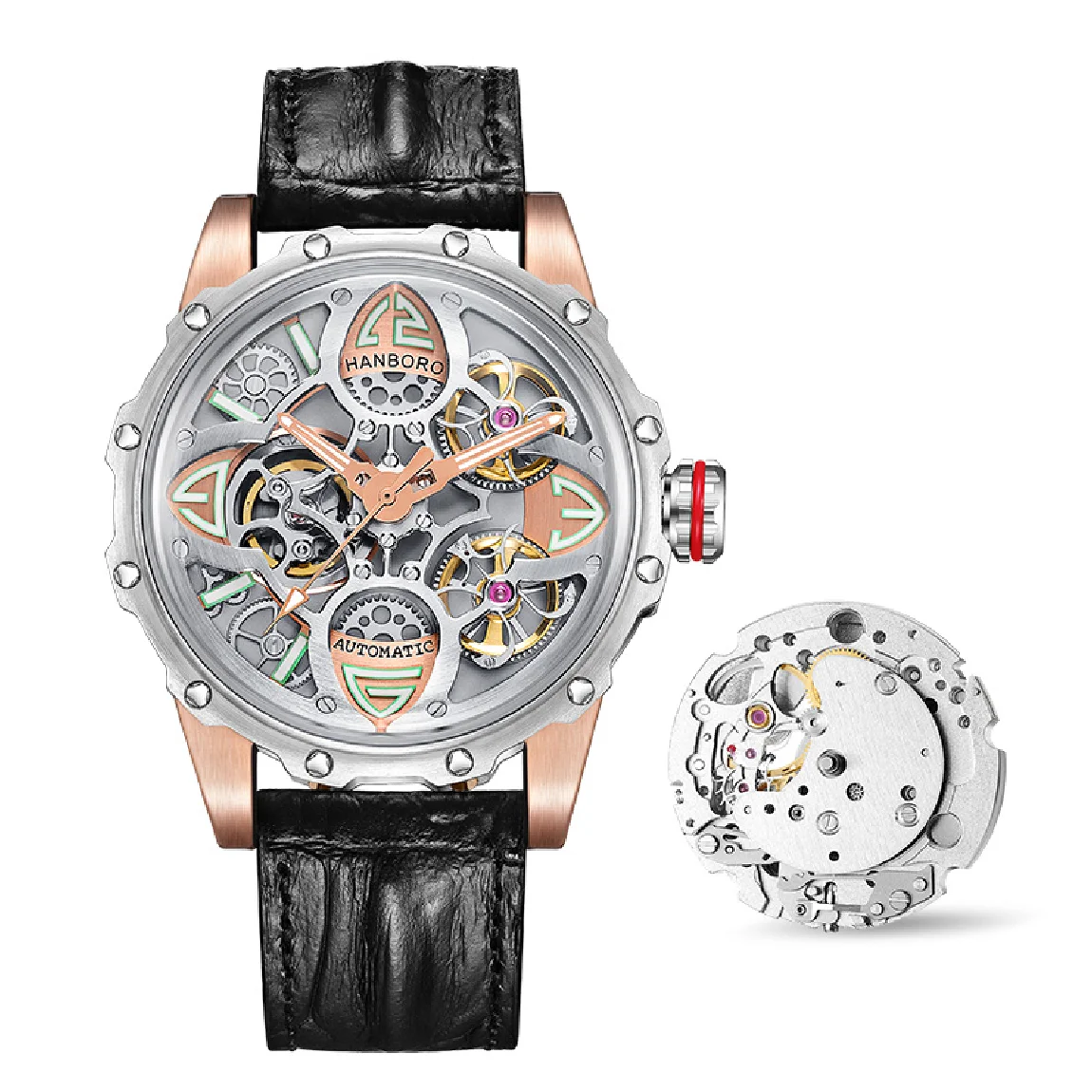 

HANBORO Men Automatic Watch Luxury Watches Mechanical Wristwatch Fashion 50m Waterproof Luminous Skeleton Dial NH38